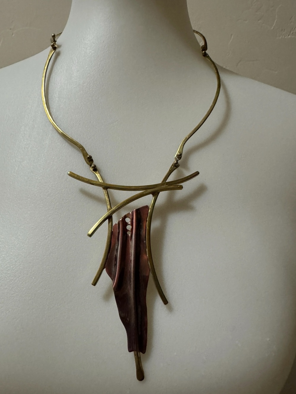 Vintage Modernist Brutalist Brass & Copper Artisan Statement Collar Necklace